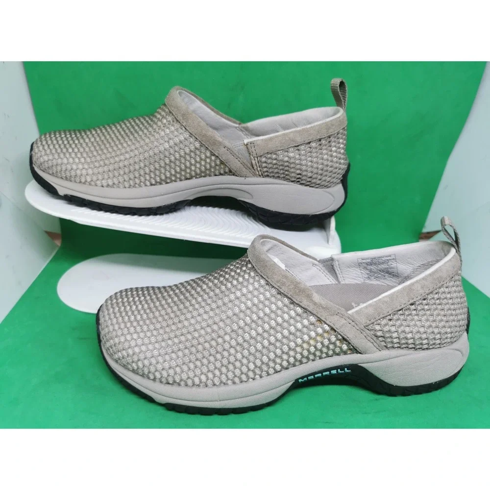 MERRELL GRAY/BEIGE MESH MOC SLIDE SLIP ON CLOGS SHOES WOWENS SIZE 6.5